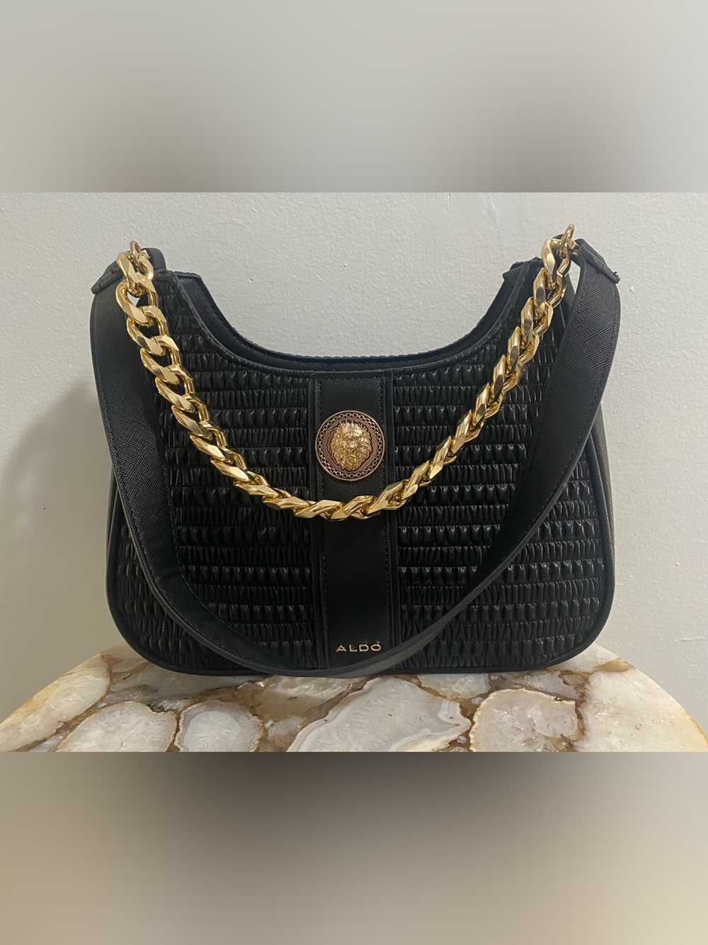 Aldo Black Quilted Shoulder Bag with Gold Chain and Medallion